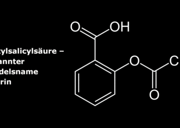 Strukturformel der Acetylsalicylsäure – bekannter unter seinem ersten Handelsnamen Aspirin.