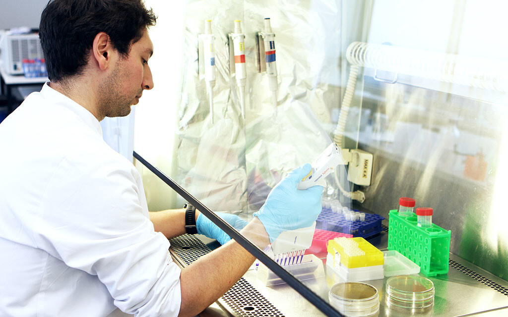 Im Labor konfrontierte das Forschungsteam den Krankheitskeim mit 39 verschiedenen Antibiotikakombinationen. © Christian Urban / Universität Kiel
