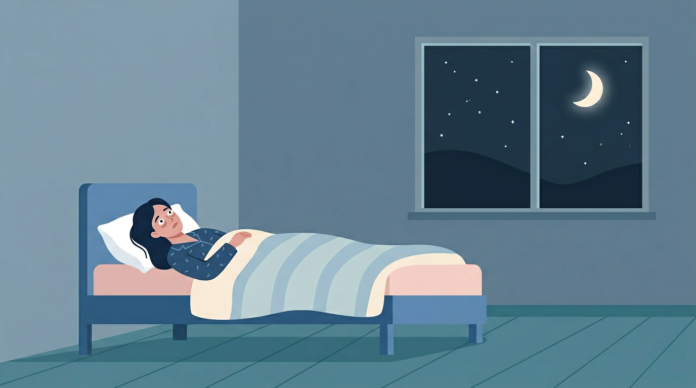 Illustration einer Frau, die nachts wach im Bett liegt und nicht schlafen kann; draußen sind Mond und Sterne zu sehen.