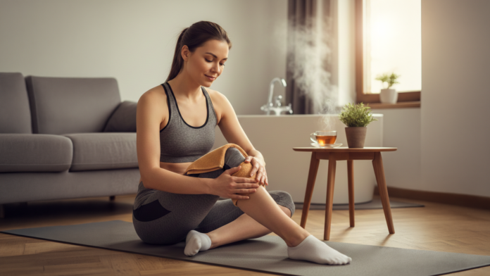 Frau lindert Muskelkater am Knie mit einem warmen Handtuch zur Regeneration.