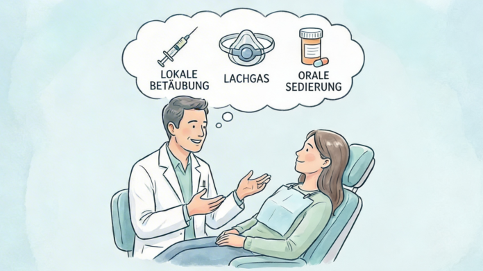 Illustration eines Zahnarztes, der einer Patientin Behandlungsoptionen wie lokale Betäubung, Lachgas und Sedierung erklärt.