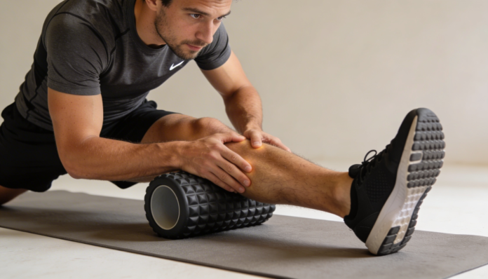 Faszientraining: Mann rollt Waden mit Schaumstoffrolle