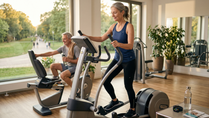 Älteres Paar trainiert gelenkschonend auf Ellipsentrainer und Liegefahrrad im hellen Fitnessstudio.
