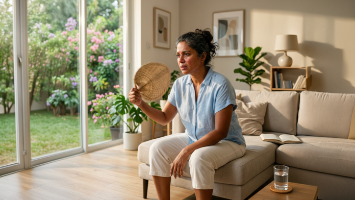 Mittelalte indische Frau fächert sich Luft zu auf einem beige Sofa in einem hellen Wohnzimmer. Symbolbild für Hitzewallungen in den Wechseljahren.