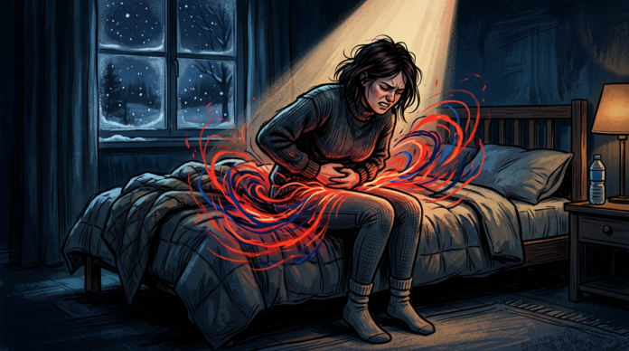 Symbolische Darstellung einer Frau mit starken, krampfartigen Unterleibsschmerzen in einem dunklen Schlafzimmer.