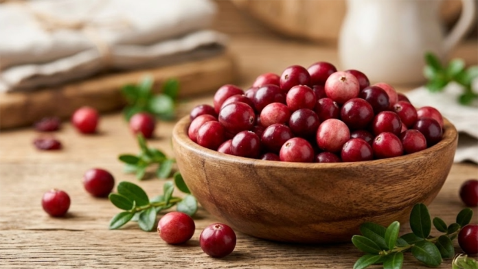 Eine rustikale Holzschale gefüllt mit frischen, roten Cranberries auf einem Holztisch.