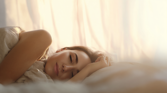 Frau wacht erholt in einem hellen Zimmer auf - Sleepmaxxing 2026