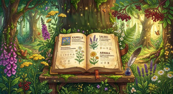 Buch über Heilpflanzen in einem blühenden Wald