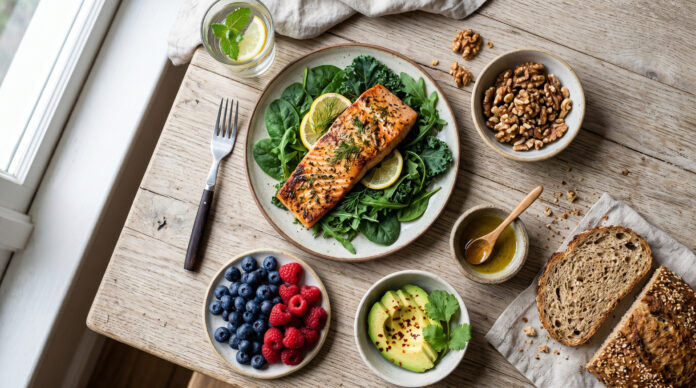 Holzbrett mit Brain-Food-Lebensmitteln – Lachs, Walnüsse, Heidelbeeren, Blattgemüse und Olivenöl – Brain Food