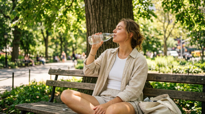 Hitzetage 2026 - Frau trinkt Wasser im Schatten an einem heißen Sommertag in der Stadt
