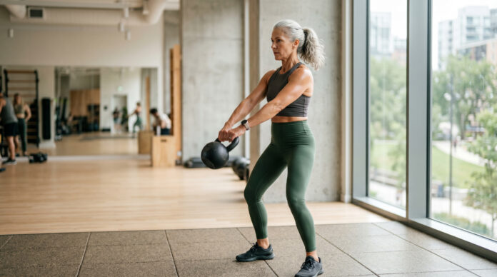 Longevity - Aktive Frau Mitte 50 beim Krafttraining mit Kettlebell in heller Studio-Atmosphäre