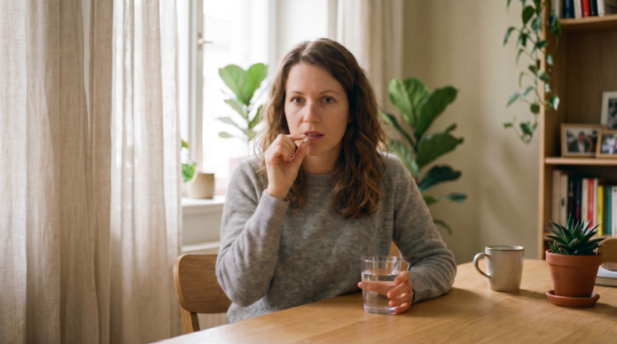 Junge Frau mit Wasserglas und Magnesiumtablette in heller Wohnküche – entspanntes Stressmanagement mit Magnesium