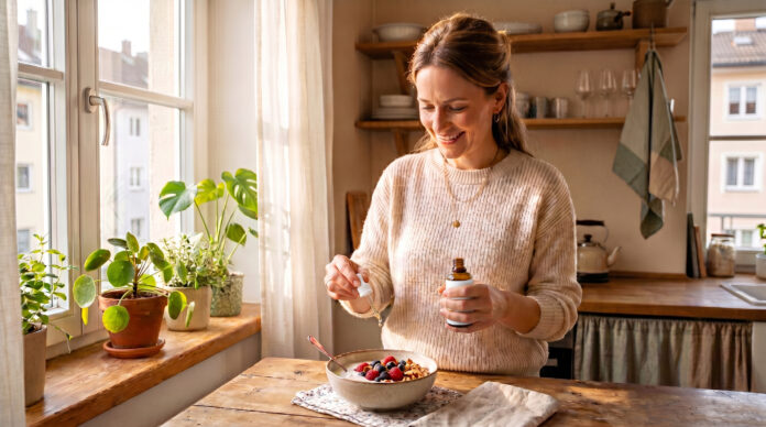 Frau gibt Vitamin-D3-Tropfen über Joghurt mit Beeren in heller Wohnküche – tägliche Vitamin-D-Versorgung im Winter