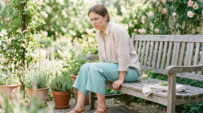 Verkrampfte Person mit Hämorrhoiden sitzt an einen Sommertag im Garten
