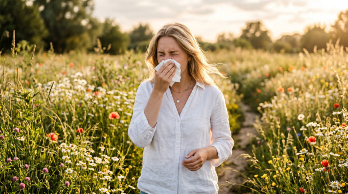 Frau niest mit Taschentuch auf einer sommerlichen Blumenwiese – Heuschnupfen Gräserpollen 2026