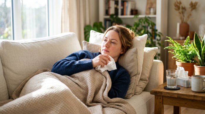 Junge Frau mit Erkältung sitzt mit Tee und Decke auf dem Sofa bei Sommerwetter – Sommergrippe 2026
