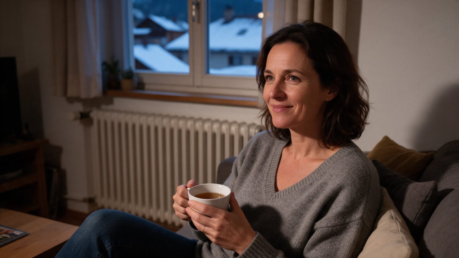 Frau mit Teetasse sitzt an einem Winterabend neben der Heizung – trockene Heizungsluft begünstigt Nasenbluten im Winter