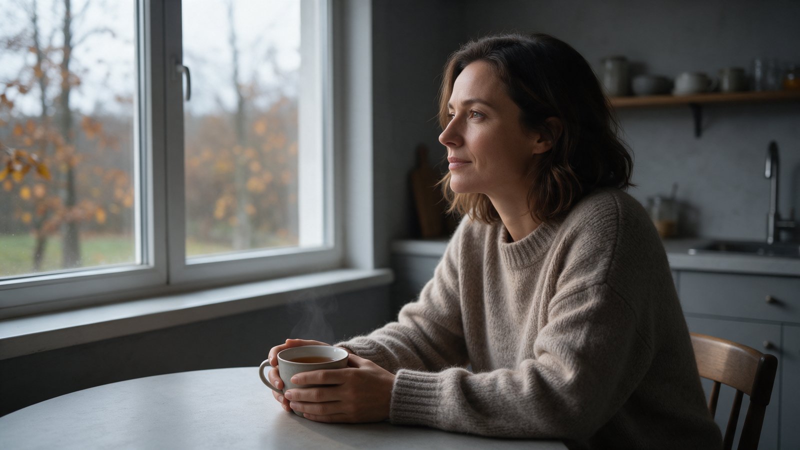 Frau sitzt an einem trüben Herbstmorgen mit einer Tasse Tee am Küchenfenster – Tageslicht gegen Winterdepression